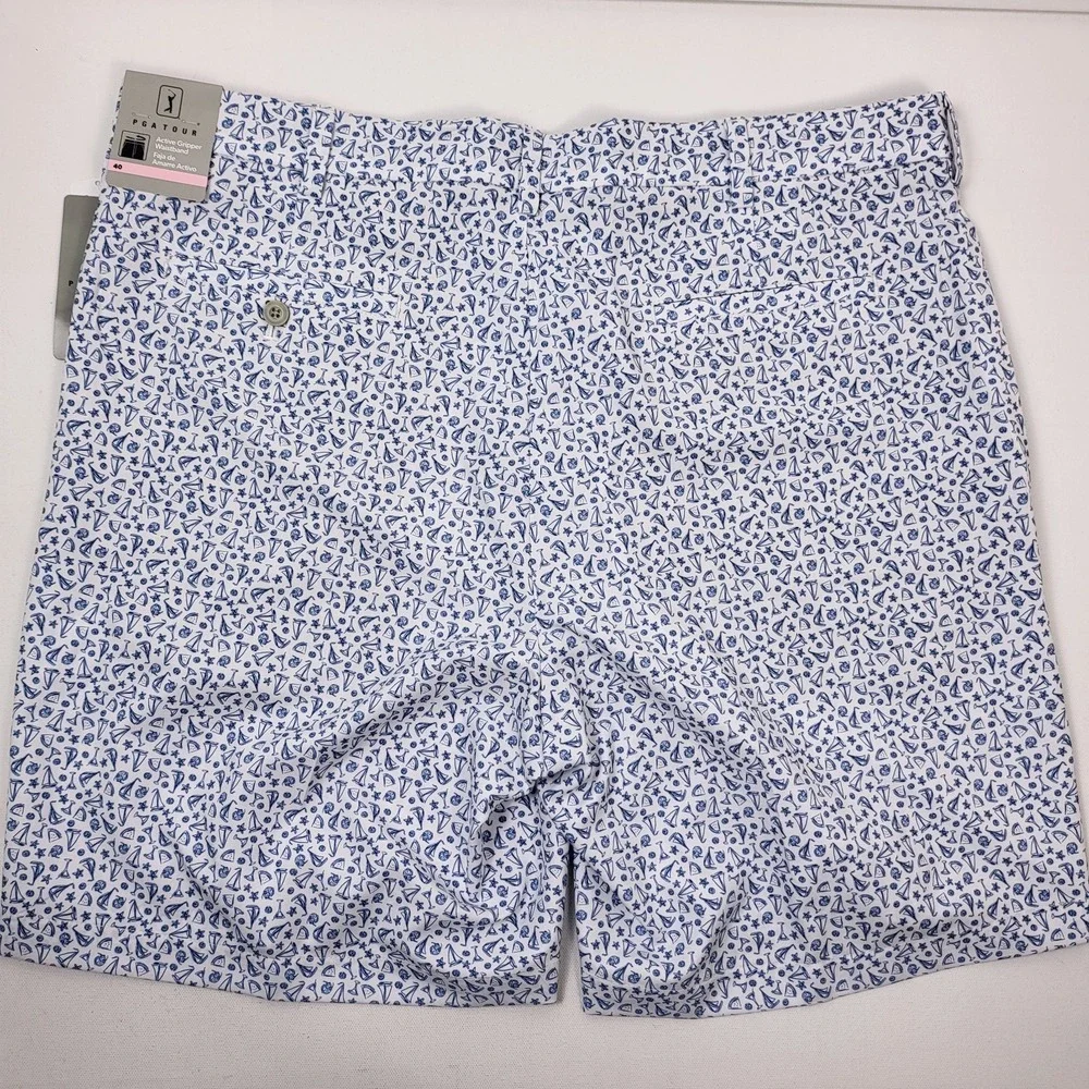 PGA Tour Mens Nautical Sailing Printed Golf Shorts Size 40 Blue White New UPF 50